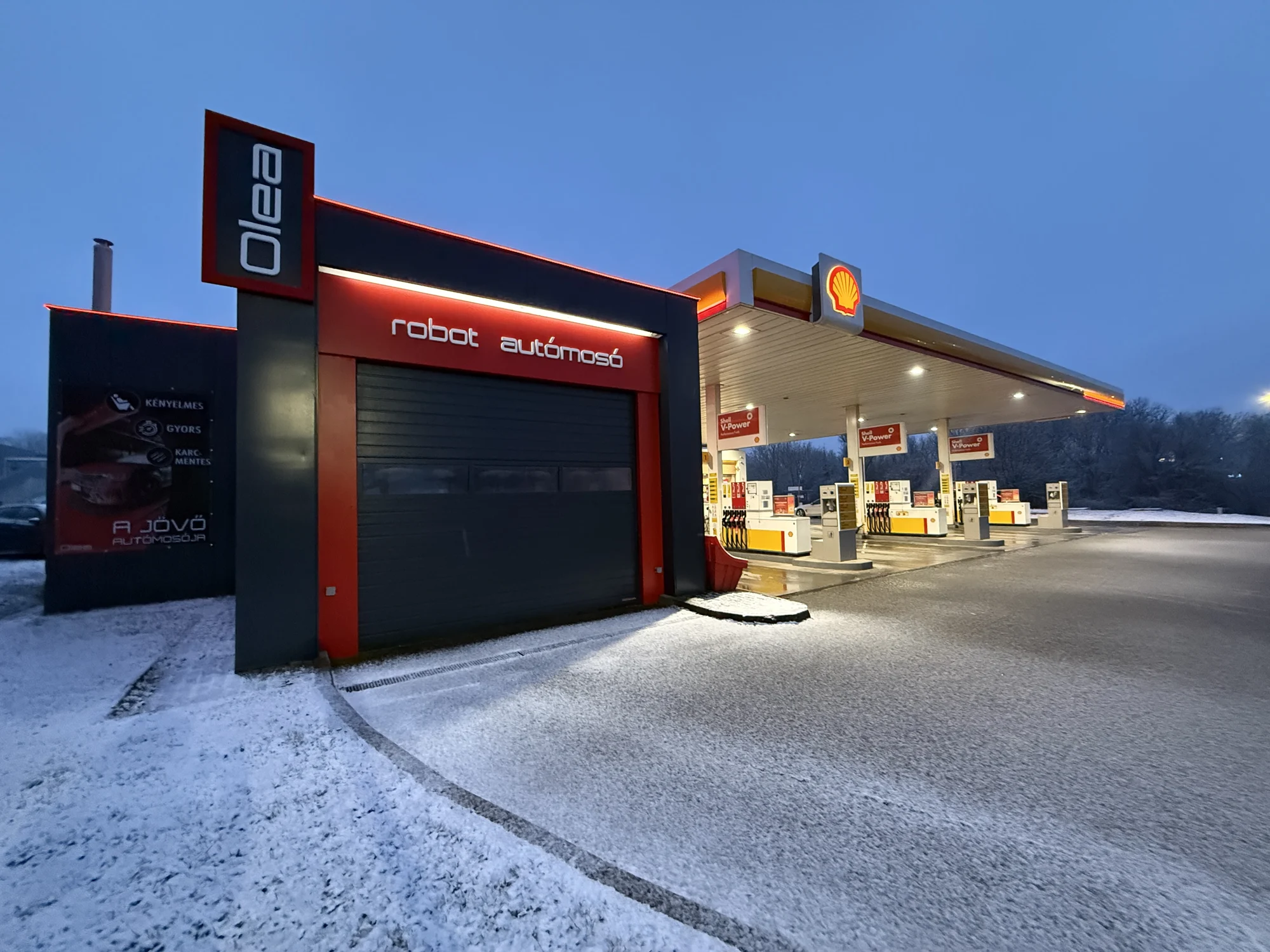 Shell · exterior view at dusk